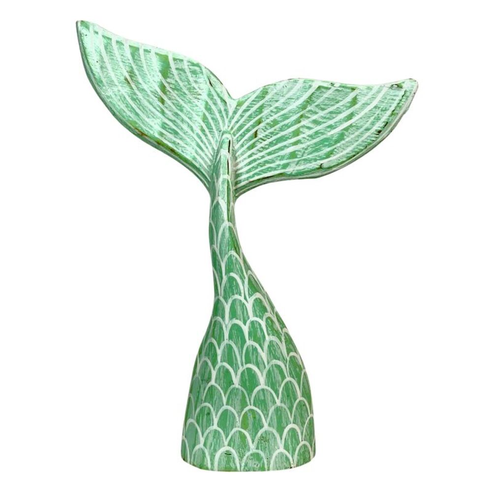 Turquoise Wood Mermaid Tail Sculpture 13.75" Coastal Table Decor Ocean Art